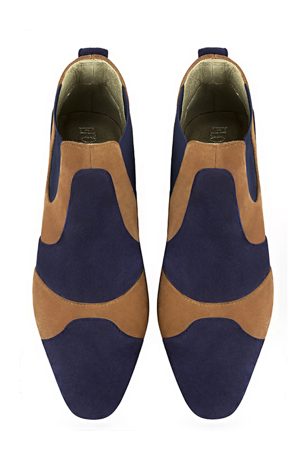 Navy blue and camel beige women's ankle boots, with elastics. Round toe. Low flare heels. Top view - Florence KOOIJMAN